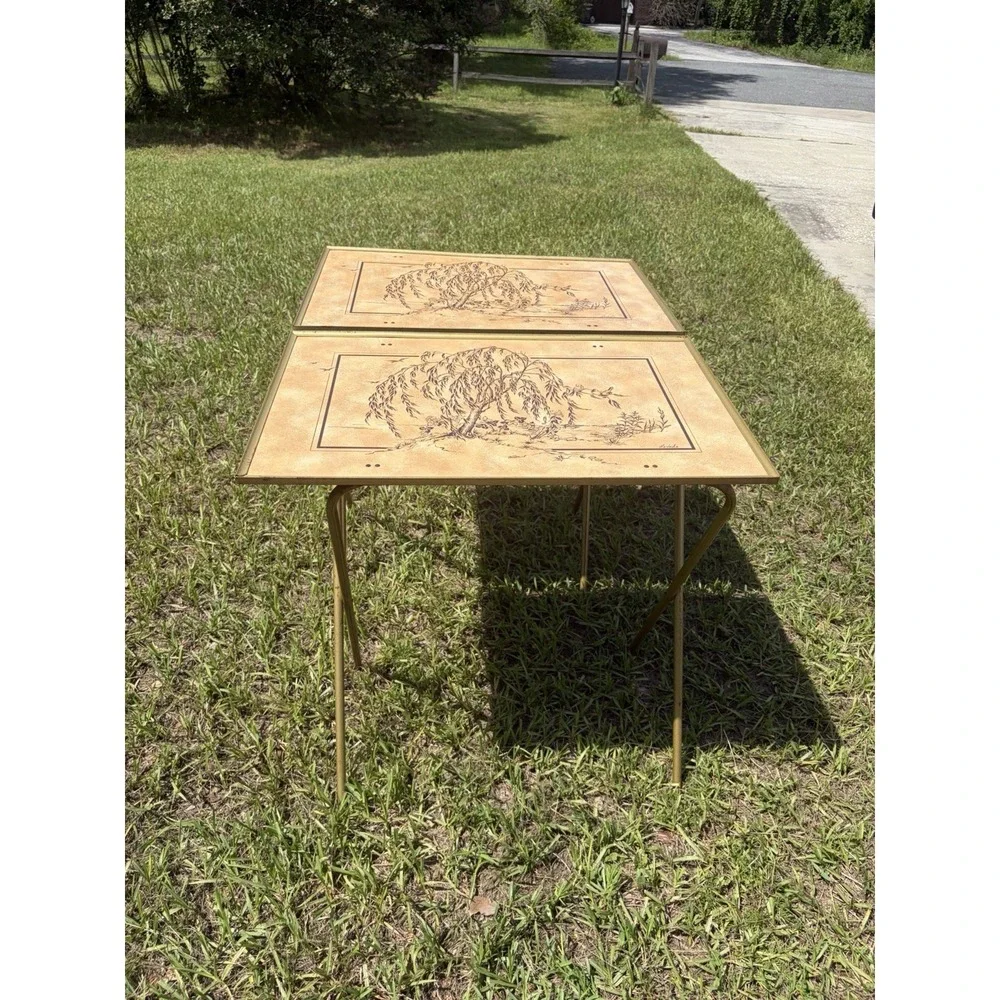 Vtg Lavada Weeping Willow Trees Mid Century Metal Tv Tray Tables Stands Set of 2